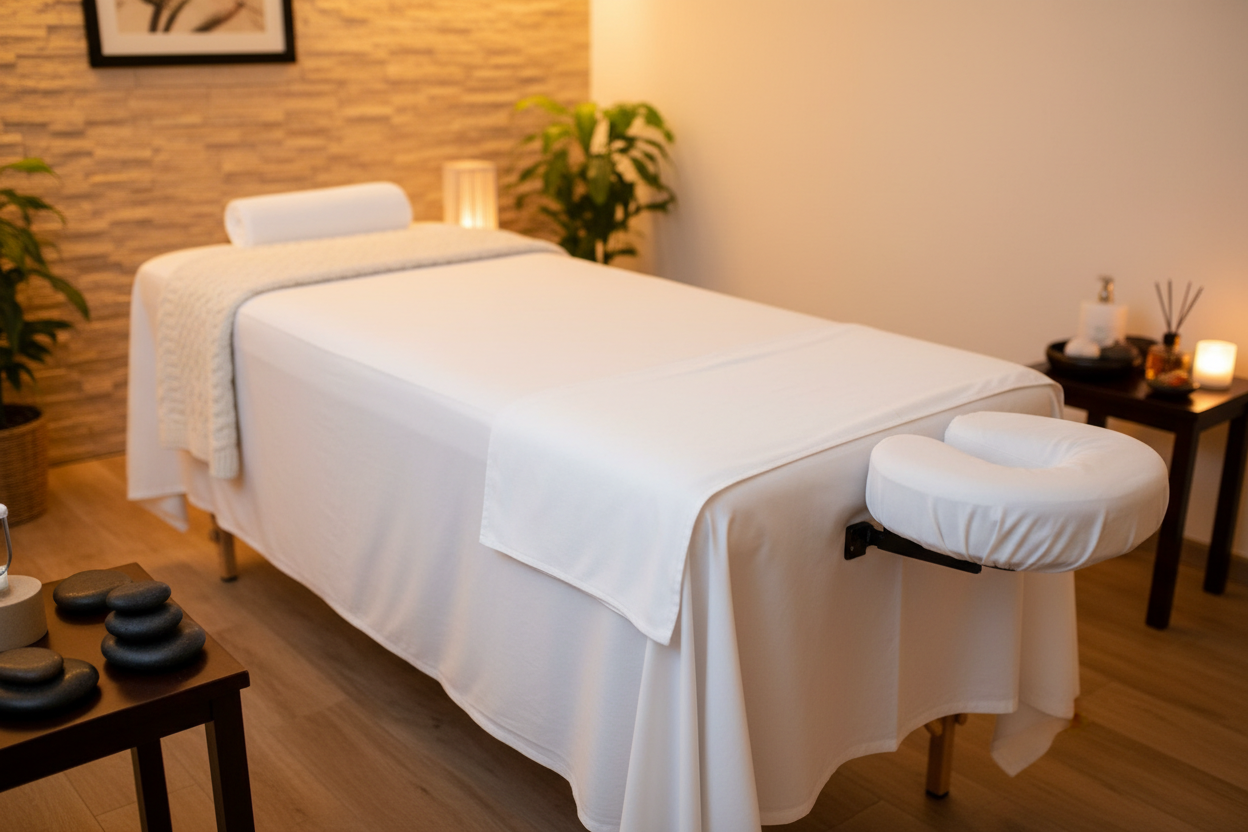 massage table with sheets and blanket
